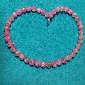 Pink clear beaded wire necklace cracked glass beads handmade
